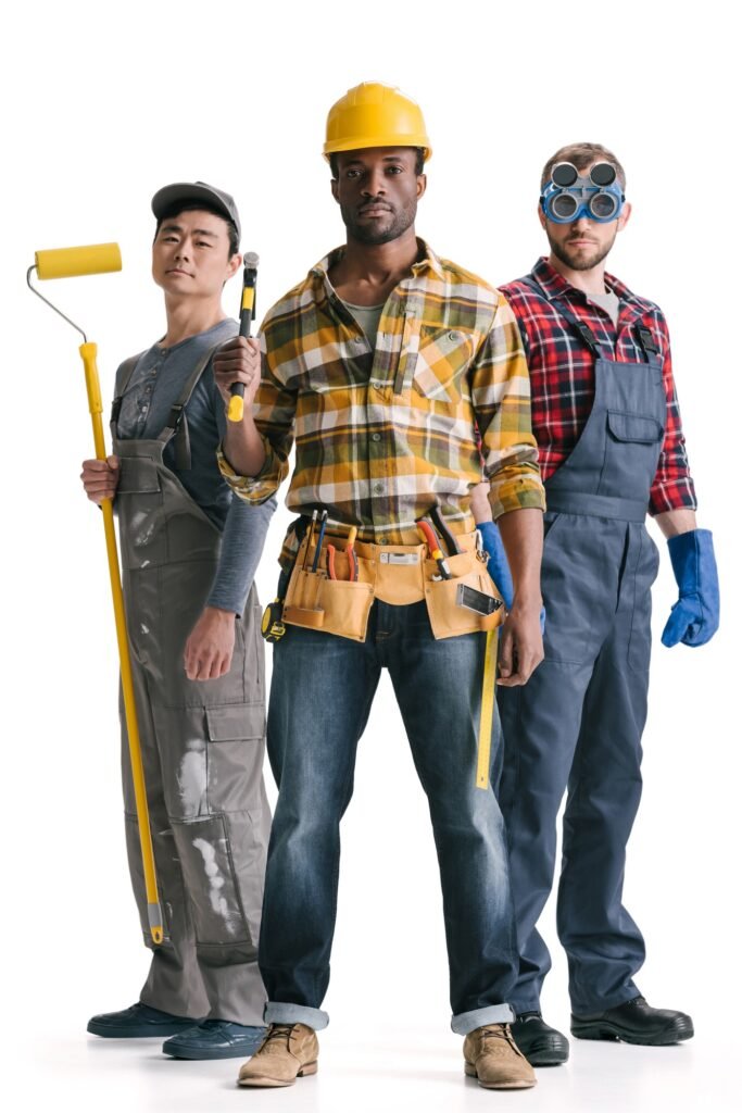 group of multiethnic construction workers with tools